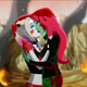 A blood-soaked Harley Quinn and Poison Ivy kiss on a flaming, smoking battlefield.